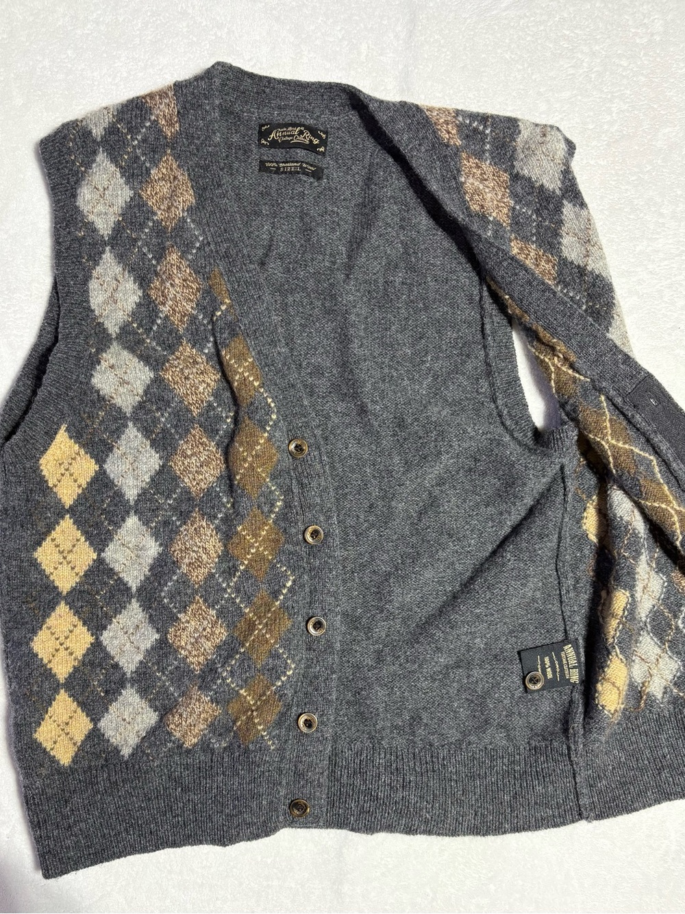 Men's Grey Argyle Cardigan Vest with Gold & Cream Accents